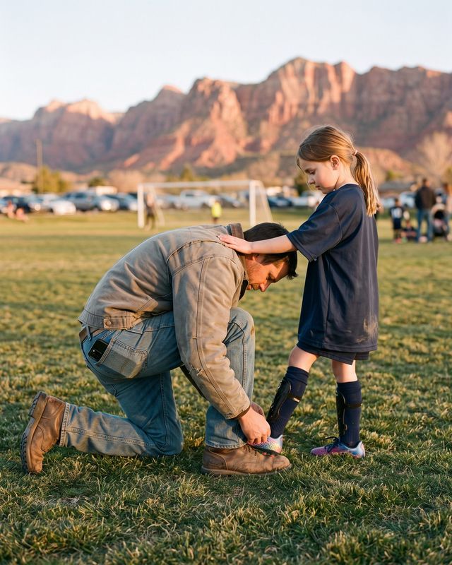 Illustration: a father tying his daughter's soccer cleat on a field under red cliffs