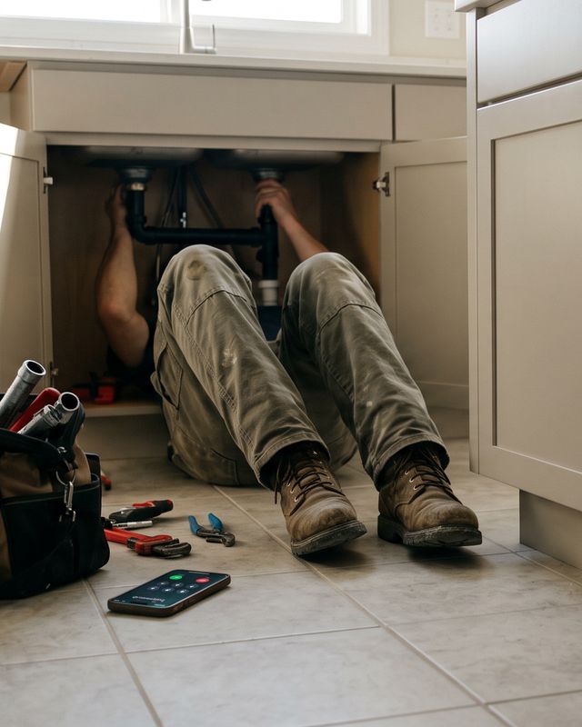 Illustration: a plumber lying under a kitchen sink