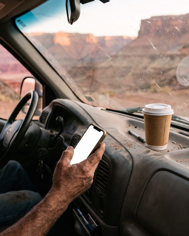 Illustration: a hand holding a phone in a truck, coffee on the dash