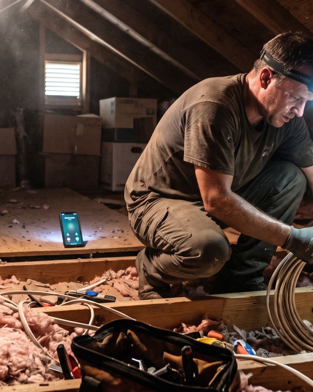Illustration: an electrician running wire in an attic, his phone lit up on the joists
