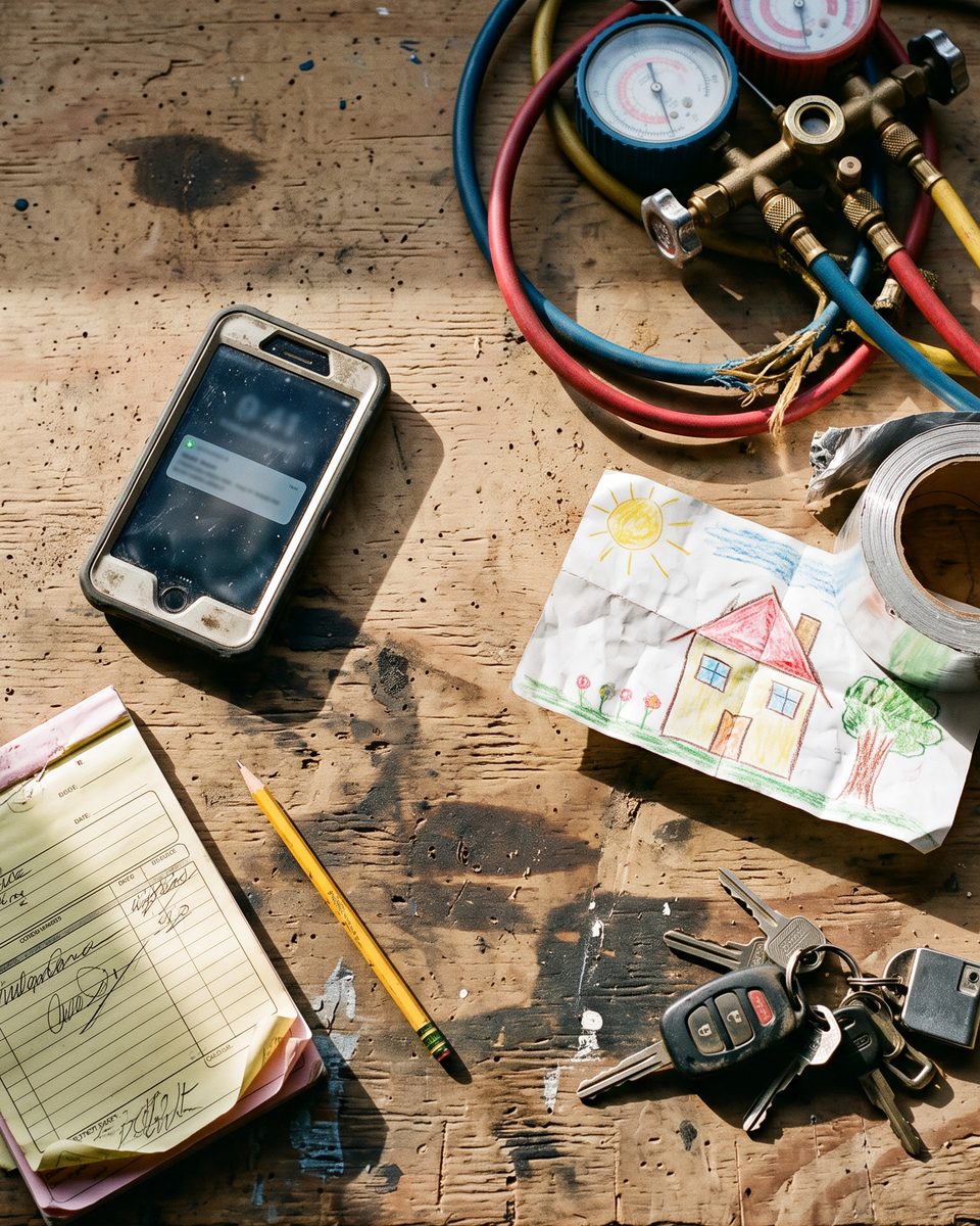 Illustration: a workbench with refrigerant gauges, a phone, an invoice pad, truck keys and a child's drawing